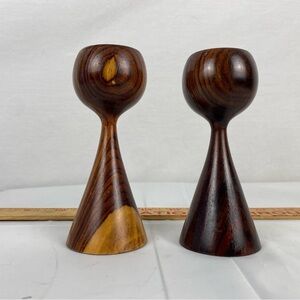 Danish MCM teak 5” vintage candle holder pair pillar